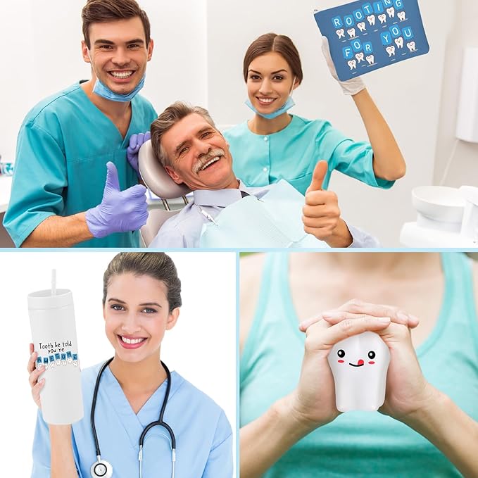 Skylety 3 Pcs Dental Hygiene Month Gifts Dental Assistant Hygienist Appreciation Gift 16oz Tumbler with Lid Cute Teeth Makeup Bag Stress Toy Employee Thank You Dentist Coworker Nurse Student(White)