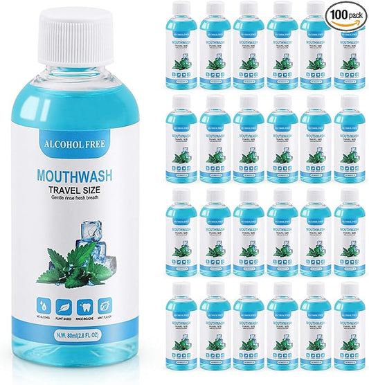 100 pcs Travel Size Mouthwash Bulk, 80ml/2.7fl oz, Fresh Mint Portable Mini Mouthwash Individual Bottles for Travel Toiletry Kits