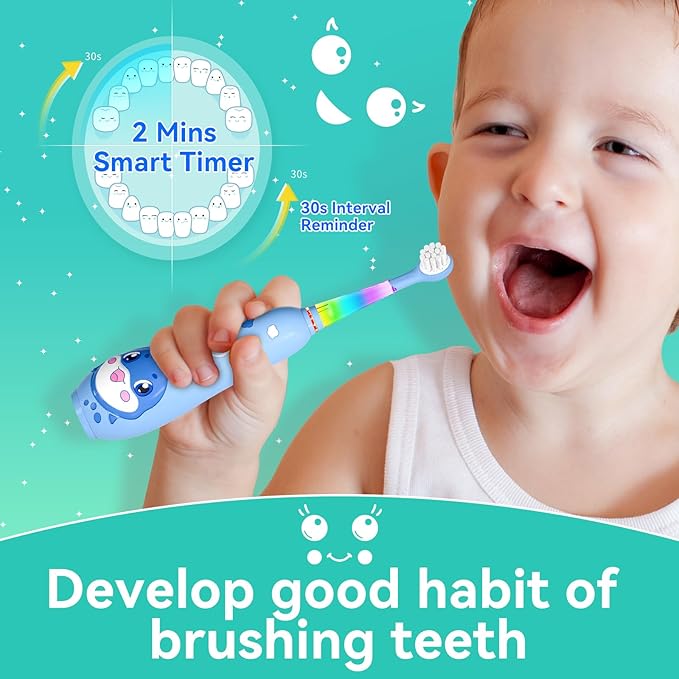 SEAGO Kids Electric Toothbrushes Rechargeable, Toddler Electric Toothbrush with Magnetic Charging, LED Observing Light, 8 Toothbrush Heads for Ages 2-4-6 Boys Girls (Navy Blue)
