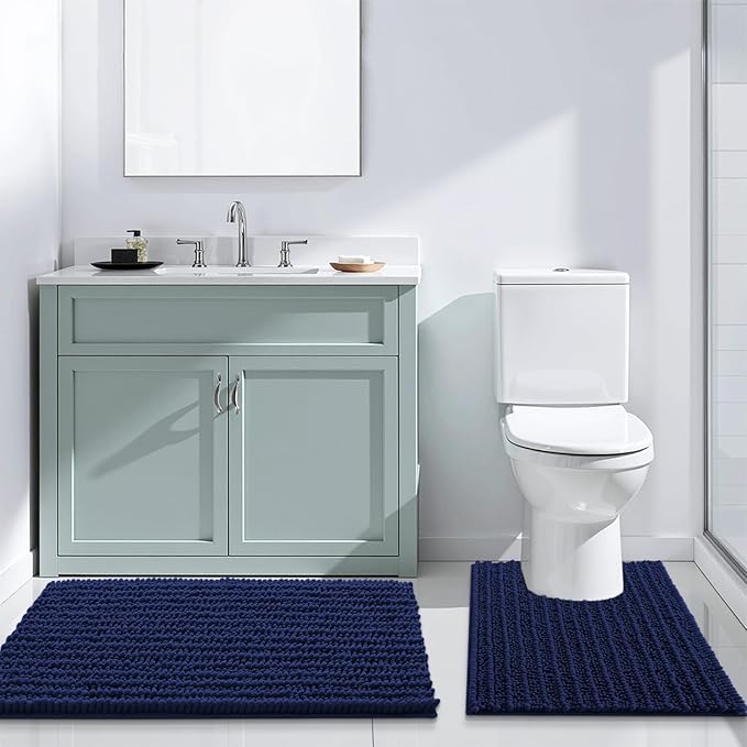Arotive Luxury Chenille Toilet Rugs U-Shaped, Extra Soft Thick Absorbent Bathroom Mat, Non-Slip Shaggy Plush Contour Rugs, Machine Wash Dry Bath Mat for Toilet Base, 24x20, Navy