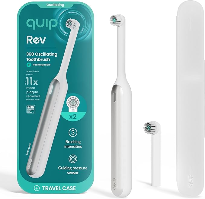 Quip Rev 360 Oscillating Rechargeable Electric Toothbrush with Replaceable Brush Head - Soft Bristles, Pressure Sensor, 3 Intensities, 30-Day Battery Life, Travel Case - Silver Cloud