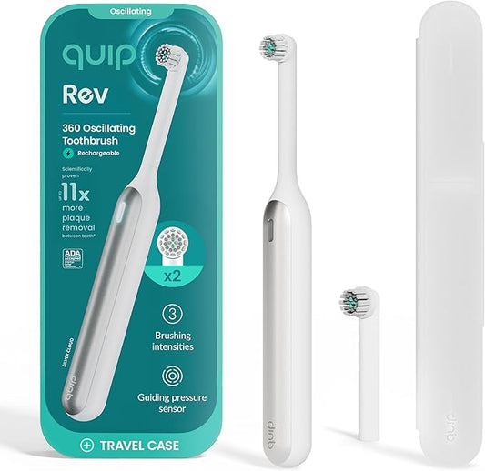 Quip Rev 360 Oscillating Rechargeable Electric Toothbrush with Replaceable Brush Head - Soft Bristles, Pressure Sensor, 3 Intensities, 30-Day Battery Life, Travel Case - Silver Cloud