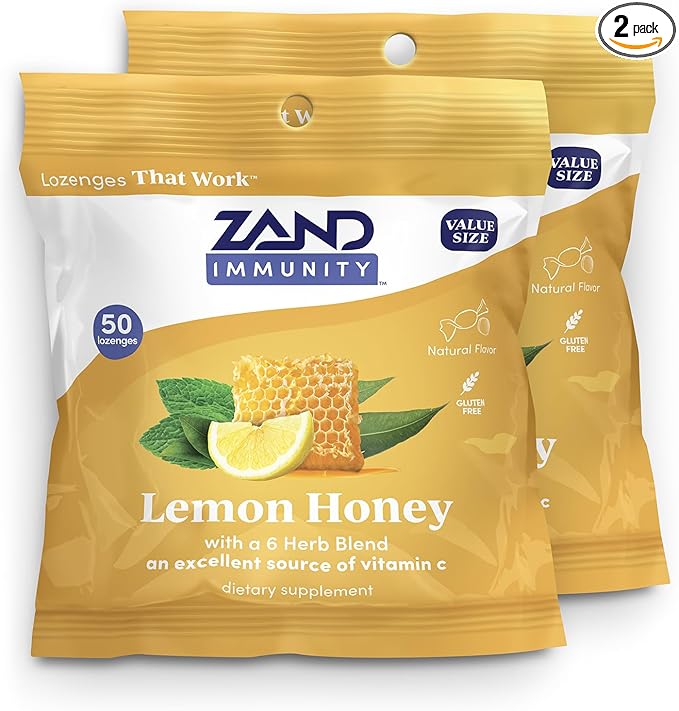 ZAND Immunity Lemon Honey Throat Lozenges 2 Pack with Vitamin C, Organic Honey - Good-for-You Dry Mouth Lozenges - Immune Support Supplement - Natural Flavor, Vegetarian, Gluten Free, 50ct ea