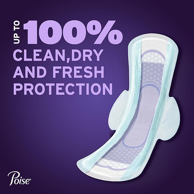 Poise Overnight Ultra Thin Incontinence & Postpartum Pads with Wings for Bladder Leaks, 8 Drop Extra Absorbent, Long Length, 60 Count (3 Packs of 20)
