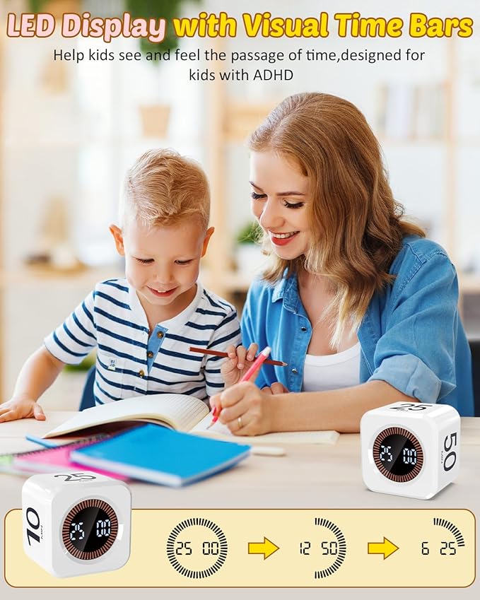 Pomodoro Timer Cube Visual Productivity Flip Timer for Kids Classroom Desk, 5/10/25/50min&Custom Countdown, Silent&Sound Mode Digital Cube for ADHD Study Work School Game Kitchen (White)