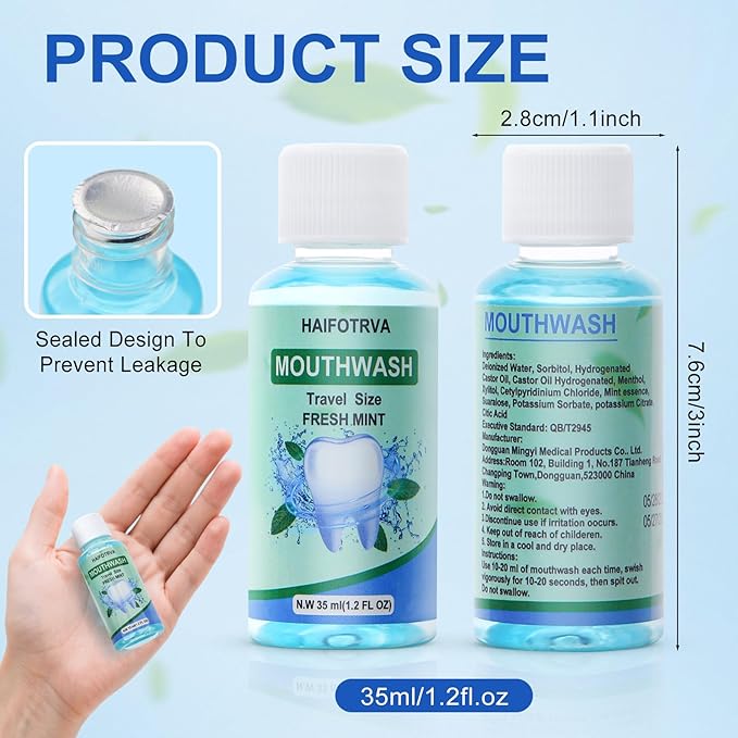 100 Pcs Mini Mouthwash Travel Size Bulk,Blue Portable Mint Flavor Mini Mouthwash Individual 35ml/1.2oz On The Go Mouth Wash Small Bottle for Travel,Office,Toiletry Kits