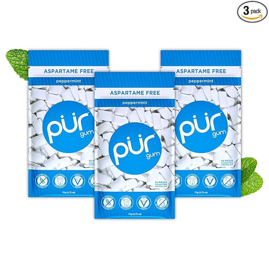 PUR Gum | Aspartame Free Chewing Gum | 100% Xylitol | Natural Peppermint Flavored Gum, 55 Pieces (Pack of 3)