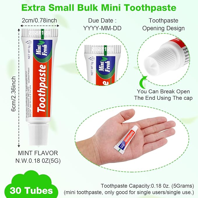 HOFASON 30 Tubes Bulk Travel Size Toothpaste 0.18 oz, Extra Small 2.28x0.78 inches Disposable Travel Size Bulk Mini Toothpaste Peppermint for Bad Breath, Guests, Homeless, Hotel, Charity Toiletries