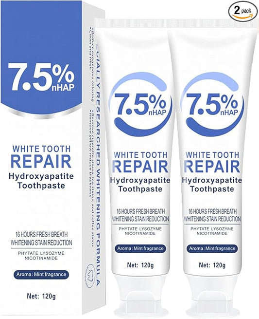 2pcs 7.5% Hydroxyapatite Toothpastes for Enamel Protection and Tooth Strengthening, 7.5% Nano Hydroxyapatite Toothpaste White Tooth Repair, Fluoride-Free, Gentle Mint, Fresh Breath