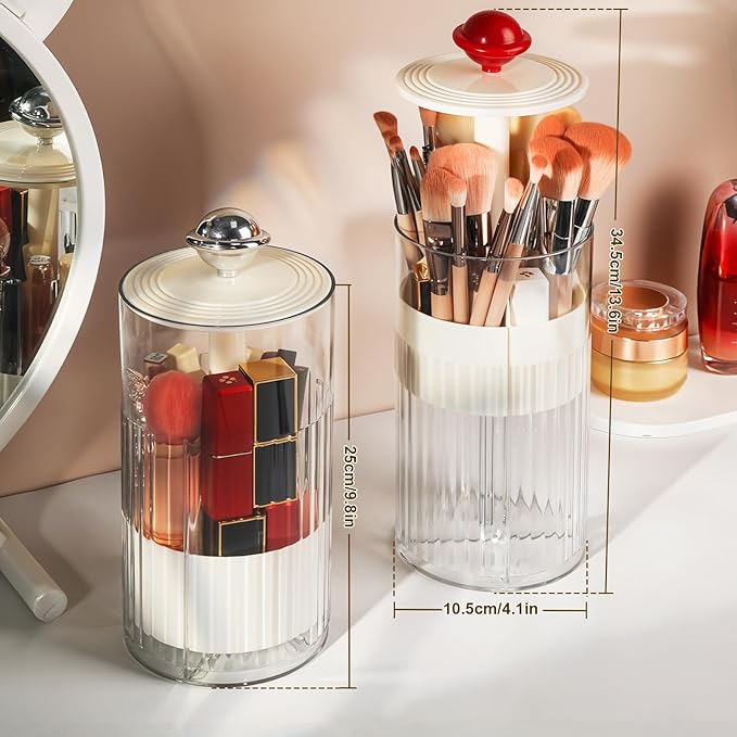 2 Pack Makeup Brush Holder with Lid Automatic Lifting Makeup Brush Organizer with Lid Dustproof & Waterproof 4-Compartment Clear Makeup Organizer for Vanity,Office,School,Dorm Room,Red+Silver