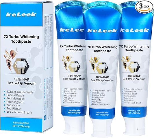 3-Pack 7X Turbo Whitening 18% Nano Hydroxyapatite Bee Wasp Venom Toothpaste for Remineralizing Enamel Repair,Sensitive Relief,Anti-Gingivitis,Anti-Cavity,Anti-Plaque -150 MIN Fresh Breath