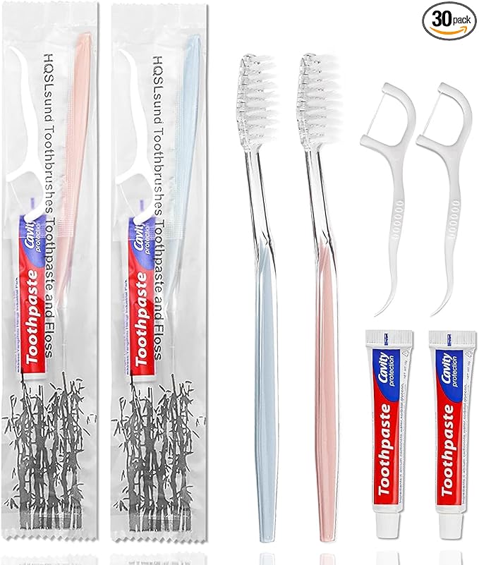 30pcs Disposable Toothbrushes with Toothpaste Floss Individually Wrapped, 2 Color Disposable Toothbrush, 10g Toothpaste, Floss Pick, Bulk Toothbrush Kit for Homeless,Airbnb,Hotel