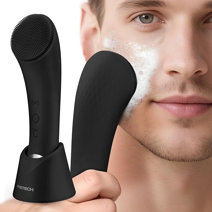PRITECH Facial Cleansing Brush, Rechargeable Silicone Face Scrubber with Heat Massage End, Vibrating Exfoliator Scrubber for Deep Cleaning, Waterproof Face Brush for Women and Men (Black)