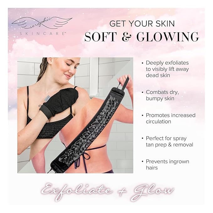 Seraphic Skincare (Original) Premium Exfoliating Mitt for Body (1pc) & Back Exfoliator – Body Exfoliator for Self-Tan Removal – Dual-Sided Back Scrubber for Deep Exfoliation & Cleansing