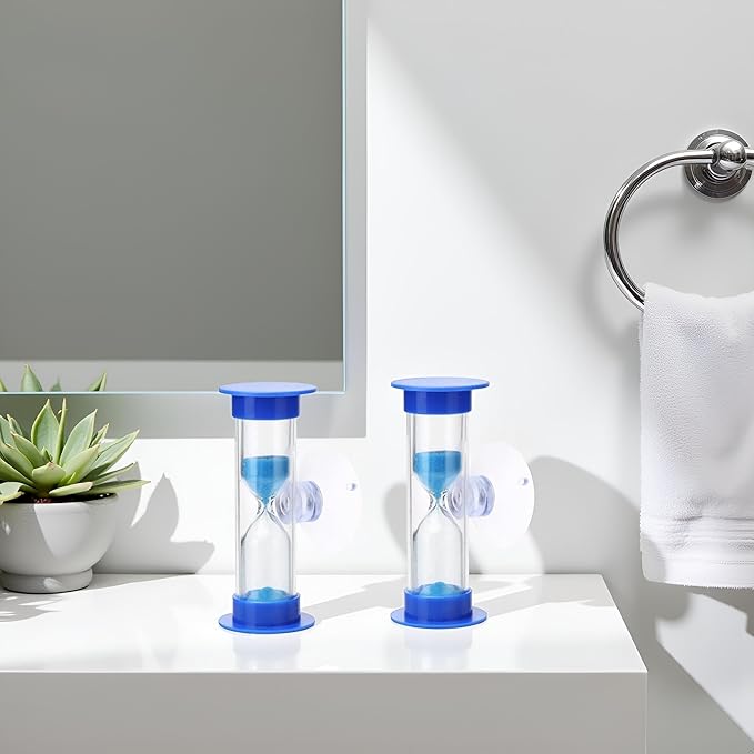 2Pcs Blue Toothbrush Timer for 2mins Sand Clock Timer 2 Minute Sand Timer, Plastic Suction Cup Hourglass Sandglass Desktop Ornament Party Favors