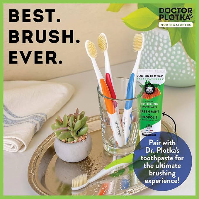 MOUTHWATCHERS Soft Flossing Manual Toothbrush for Adults, 2 Pack, Red, Ultra Clean, Good for Sensitive Teeth and Gums, by Dr. Plotka's