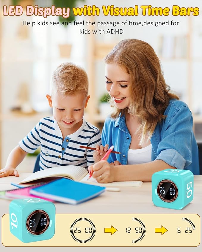Pomodoro Timer Cube Visual Productivity Flip Timer for Kids Classroom Desk, 5/10/25/50min&Custom Countdown, Silent&Sound Mode Digital Cube for ADHD Study Work School Game Kitchen (Mint Green)