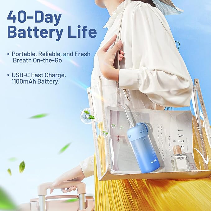 Portable Water Flosser for Teeth Cleaning - Cordless Dental Pick Electric Oral Irrigator for Travel, Kids, with 3 Modes 8 Pressure Settings, 2 Tips, 150ML, Mini Size, IPX7, Gradient Blue