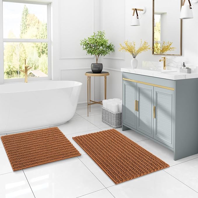 Arotive Luxury Chenille Bathroom Rug Mat, Extra Soft Thick Absorbent Shaggy Bath Rugs, Non-Slip Machine Wash Dry, Plush Bath Mats for Bathroom, Shower and Tub, 24x16, Clay