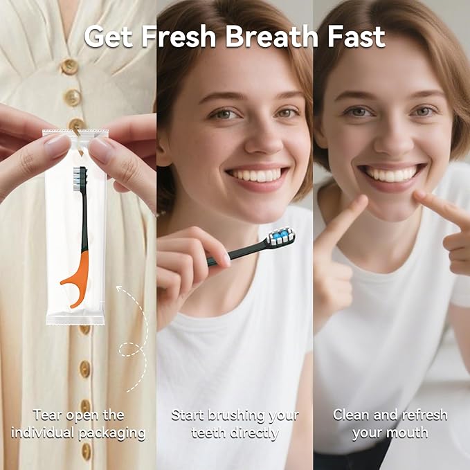 24Pack Disposable Toothbrush with Pre-Pasted Toothpaste 5-in-1 Mini Travel Toothbrush Deep Clean with Toothpick, Flosser, Tongue Scraper for Superior Oral Hygiene, Individually Wrapped