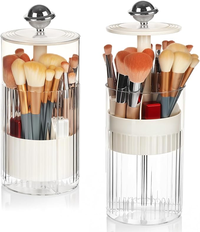 2 Pack Makeup Brush Holder with Lid Automatic Lifting Makeup Brush Organizer with Lid Dustproof & Waterproof 4-Compartment Clear Makeup Organizer for Vanity,Office,School,Dorm Room,Silver+Silver