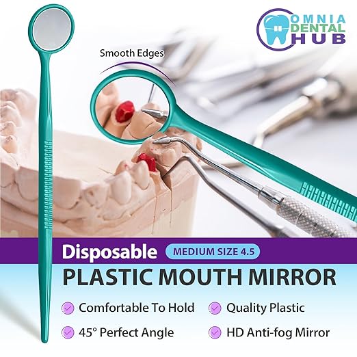 100 PCs Dental Grade Disposable Dental Mouth Mirrors by Omnia ONE | Oral Dental Mirror Plastic Dental Instrument | Anti Fog Mouth Glass Mirror for Teeth with Handles Plastic Tooth Mirror