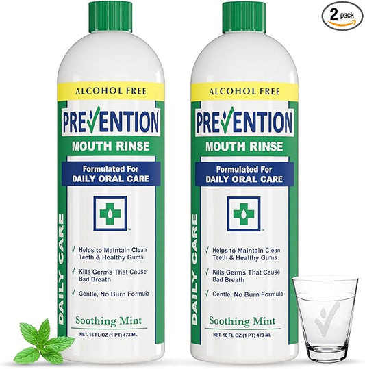 Prevention Daily Care Alcohol-Free Mouthwash, Hydrogen Peroxide Teeth Whitening with Soothing Fresh Mint for Bad Breath Treatment, Fluoride-Free Gum Care Oral Mouth Rinse 16 oz 2 Pack