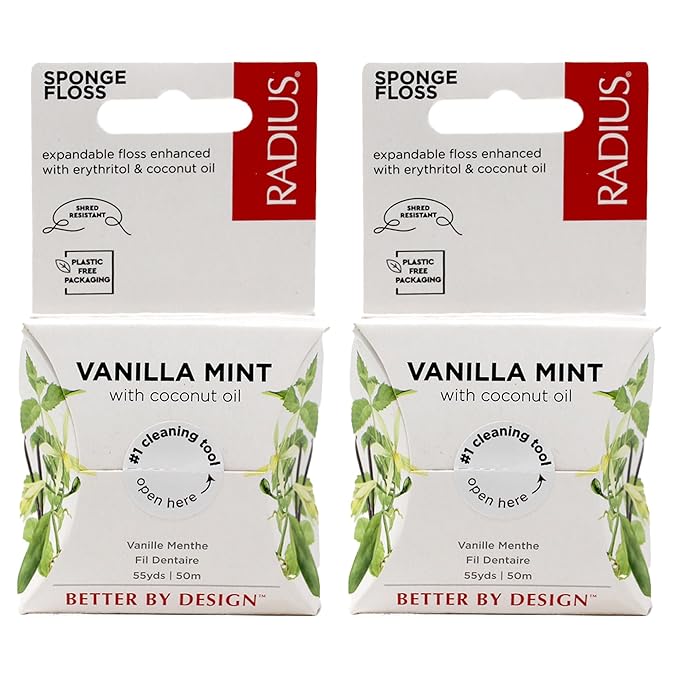 Radius Dental Floss, Sponge Floss, Vanilla Mint, 55 Yards, Vegan & Non-Toxic Oral Care Designed to Help Fight Plaque, Pack of 2