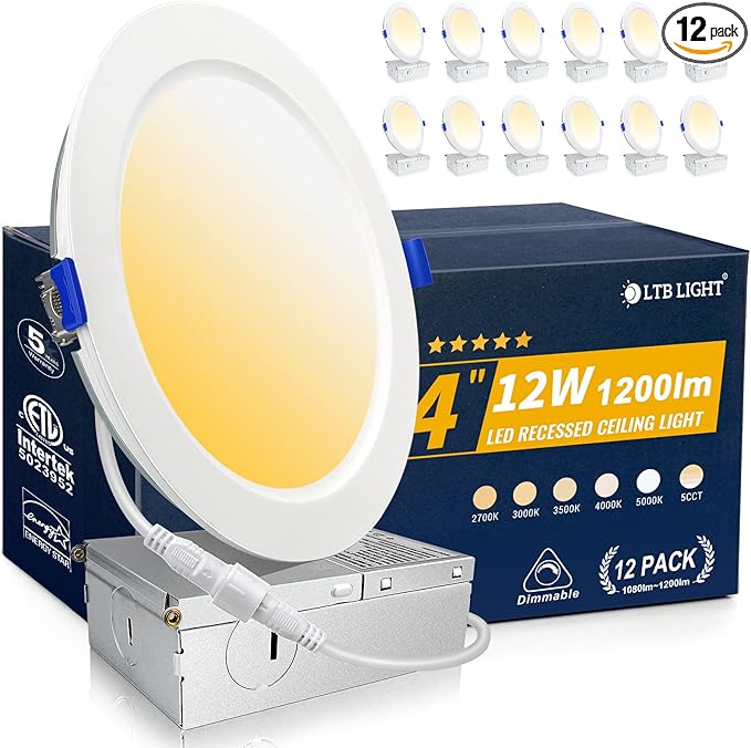 12 Pack Recessed Lighting 4 inch, 5000K Ultra-Thin LED Canless Recessed Lighting, Retrofit Dimmable Recessed Lights, 1200LM 12W=150W Wafer Lights - ETL & Energy Star Certified