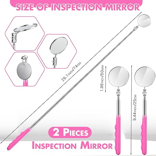 2 Pcs Telescoping Inspection Mirrors, Mechanics Mirror Tool with Long Handle, Round Extendable Mirror on a Stick for Technicians Mechanics Contractors Checking Observation(50mm,Pink)