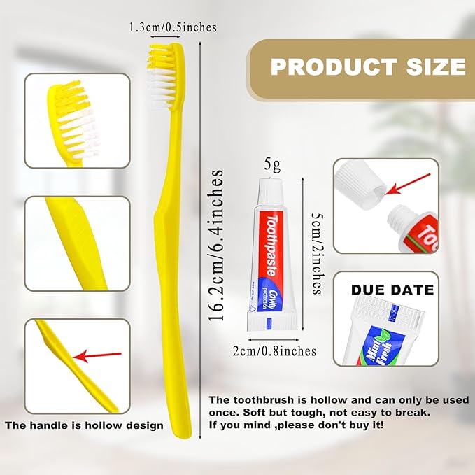 Disposable Toothbrushes with Toothpaste,50 Pack Yellow Hollow Individually Wrapped Disposable Travel Toothbrushes Kit in Bulk for Homeless,Nursing Home,Hotel,Charity