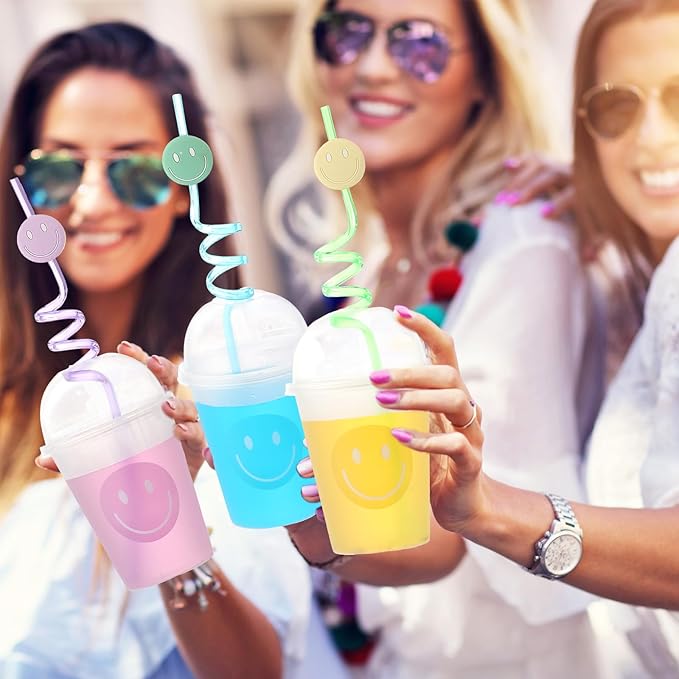 Yaomiao Smile Face Sipper Cups with Straws and Lids, 12 oz Clear Plastic Cups Happy Face Party Cups with Dome Lids Happy Party Favors for Kids, Tea, Coffee, Smoothie, Cold Drinks(32 Pack)