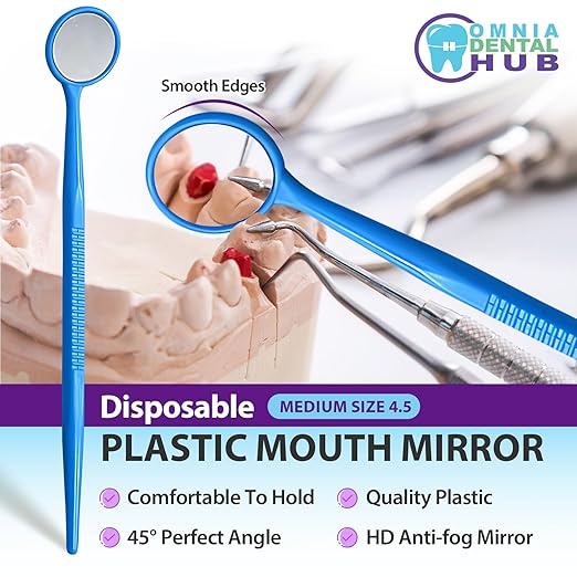 200 PCs Dental Grade Disposable Dental Mouth Mirrors by Omnia ONE | Blue Oral Dental Mirror Plastic Dental Instrument | Anti Fog Mouth Glass Mirror for Teeth with Handles Plastic Tooth Mirror