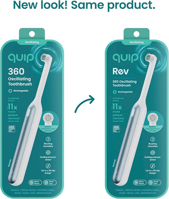 Quip Rev 360 Oscillating Rechargeable Electric Toothbrush with Replaceable Brush Head - Soft Bristles, Pressure Sensor, 3 Intensities, 30-Day Battery Life, Travel Case - Blue Mist
