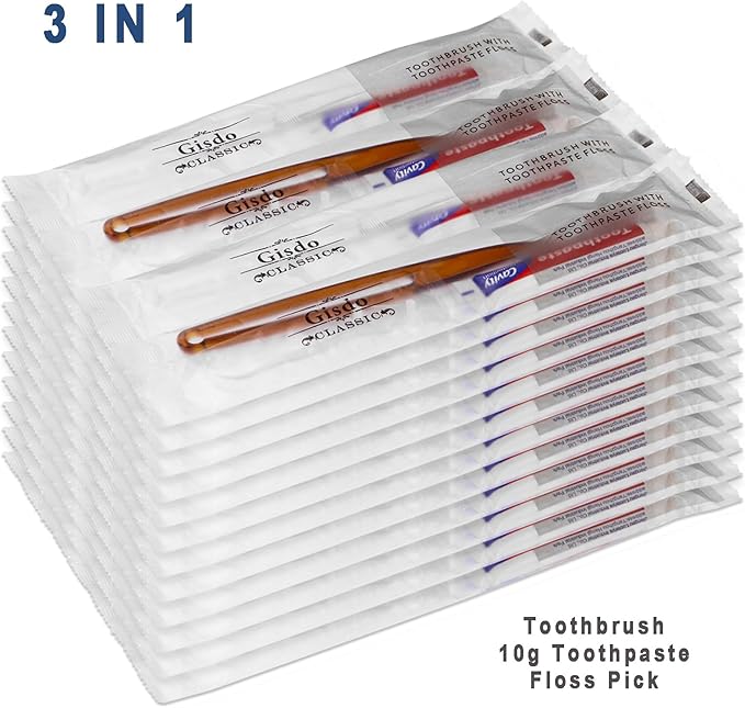 30pcs Disposable Toothbrushes with Toothpaste Floss Individually Wrapped, 2 Color Disposable Toothbrush Bulk, 10g Toothpaste, Dental Floss Pick for Homeless,Airbnb,Hotel,Guest