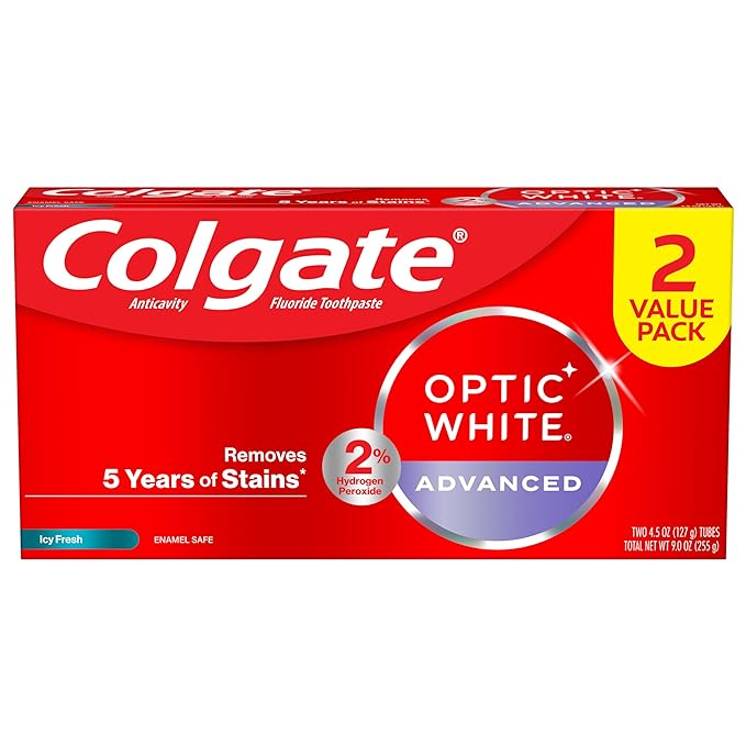 Colgate Optic White Advanced Hydrogen Peroxide Toothpaste Pack, Teeth Whitening Toothpaste, Enamel-Safe Hydrogen Peroxide Formula, Helps Remove Tea, Coffee, and Wine Stains, ICY Fresh, 2 Pack, 4.5 oz