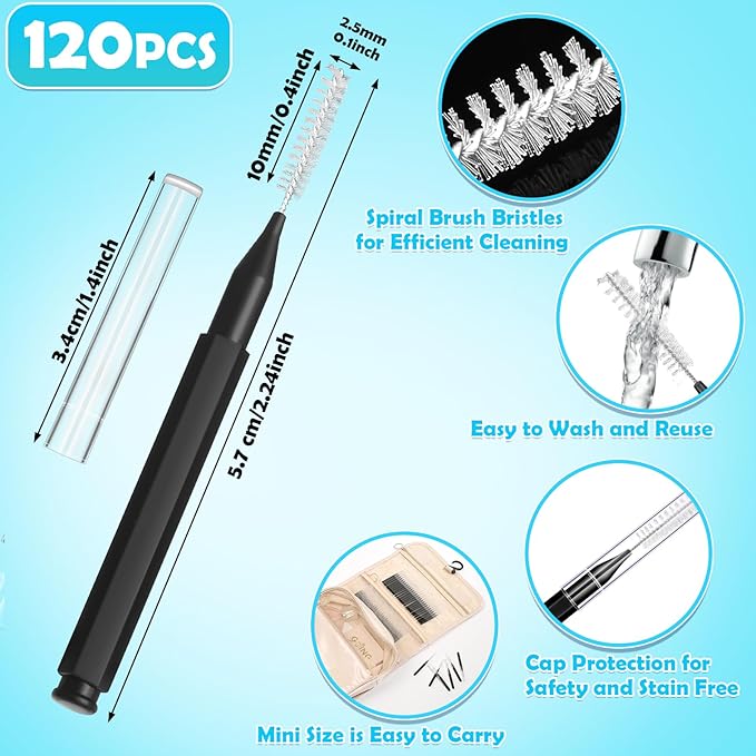 120 Pieces Interdental Brushes, Braces Brush Cleaner Orthodontic Flossers Toothpicks Floss Picks for Braces Kit for Teeth Cleaning Tools Spiral Dental Brush Head for Efficient Oral Care Black