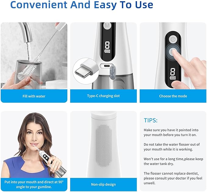 Professional Water Dental Flosser for Teeth & Braces - 9 Modes Cordless Oral Irrigator, 350ML Large Reservoir, 360° Nozzle, IPX7 Waterproof, Rechargeable, Dental Floss Tool (M131 - White)