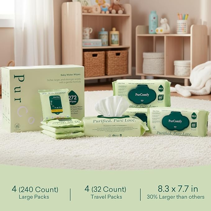 PurComfy Baby Wipes Unscented, 4 Flip-Top Packs + 4 Travel Pack 99.9% Water Wipes with Plant Based, Hypoallergenic for Sensitive Newborn Skin, Total 272 Count Wet Wipes