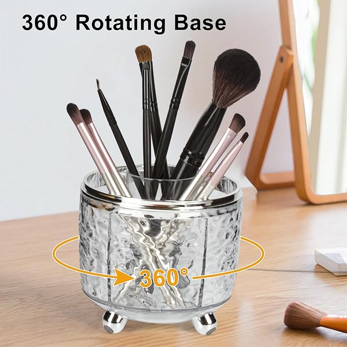 360° Rotating Makeup Brush Organizer with Lid, Dustproof Cosmetic Tools Organizer with Cover, Makeup Brush Holder Organizer for Vanity, Bathroom Countertop, Desktop Dresser