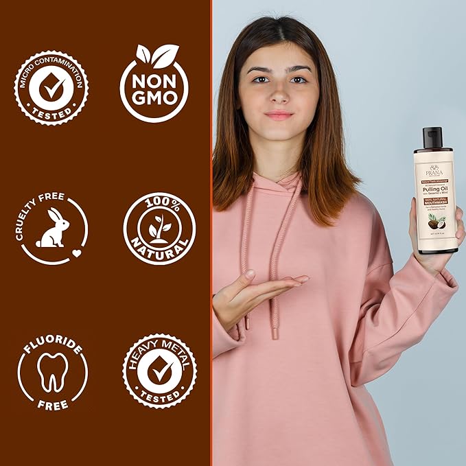 PRANA Coconut Pulling Oil Mouthwash with Tongue Scraper- Ayurvedic Oils for Clean Rinse with Coconut Oil & Clove & improving Teeth & Gum Health - Teeth Pulling Oil Keeps Your Mouth Refreshed- (3 Pack)