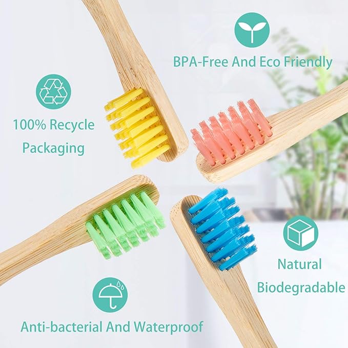 10 Piece Kids Bamboo Toothbrush Set - Natural Soft Bristle, Wooden, Toddler to Adult, Organic, BPA-Free, Colorful Travel Pack