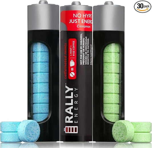 Rally Caffeine Mints, 60 Milligram, Instant Energy, Fresh Breath, Caffeinated, 0 Sugar, Natural Peppermint, Cinnamon, Wintergreen Variety Pack (3 Packs, 30 Mints)