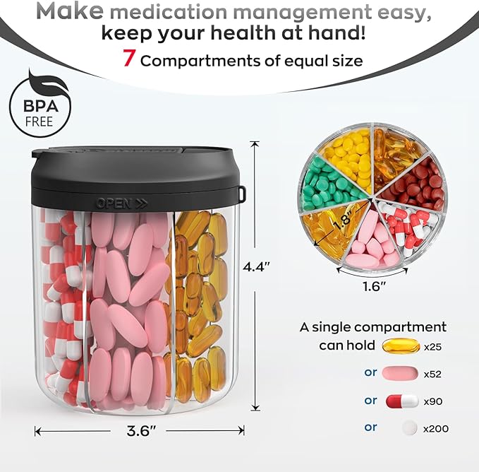 Pill Dispenser with 7 Large Compartments, Pill Organizer for Travel, Supplement Organizer with Anti-Mixing Design, BPA-Free Pill Container with 20 Pcs Labels, Black+ Pink