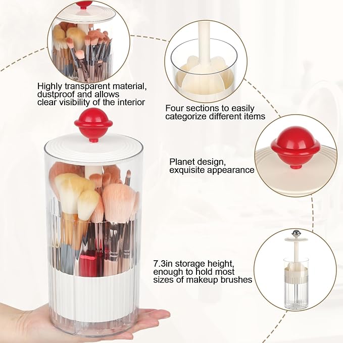 2 Pack Makeup Brush Holder with Lid Automatic Lifting Makeup Brush Organizer with Lid Dustproof & Waterproof 4-Compartment Clear Makeup Organizer for Vanity,Office,School,Dorm Room,Red+Silver