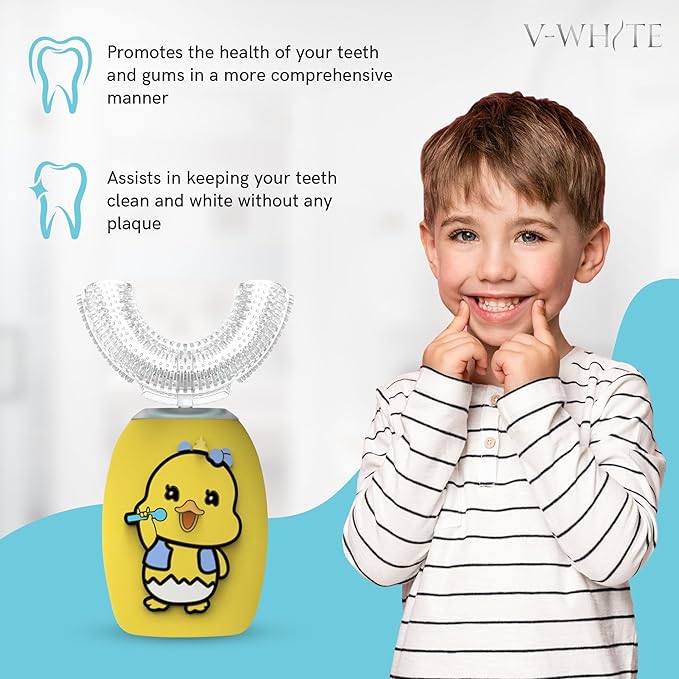 V-WHITE Ultrasonic U-Shaped Toothbrush For Teeth Whitening, Electric Toothbrush - 360° Mouth Cleansing, Hands Free Gums Protection - Wireless Charging - Waterproof IPX7 Certified (YELLOW - KIDS, KIDS)