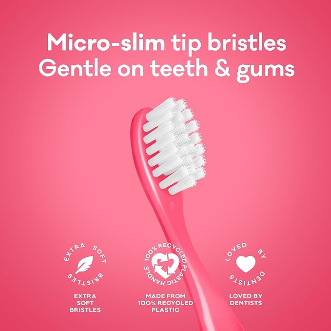 Grin Kids 100% Recycled Toothbrush, Extra Soft, 4 Count, Pink, Gentle Care for Baby and Toddler Teeth