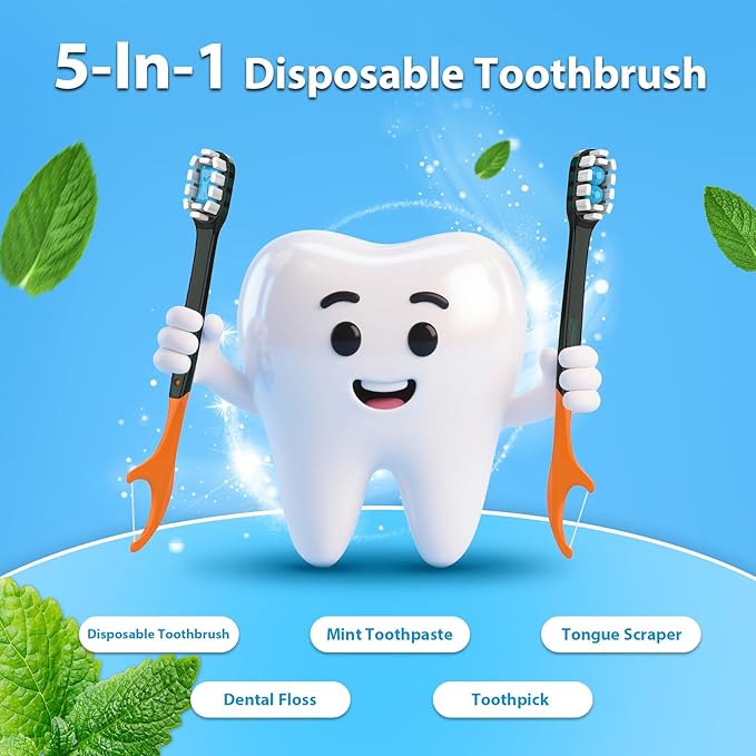 24Pack Disposable Toothbrush with Pre-Pasted Toothpaste 5-in-1 Mini Travel Toothbrush Deep Clean with Toothpick, Flosser, Tongue Scraper for Superior Oral Hygiene, Individually Wrapped