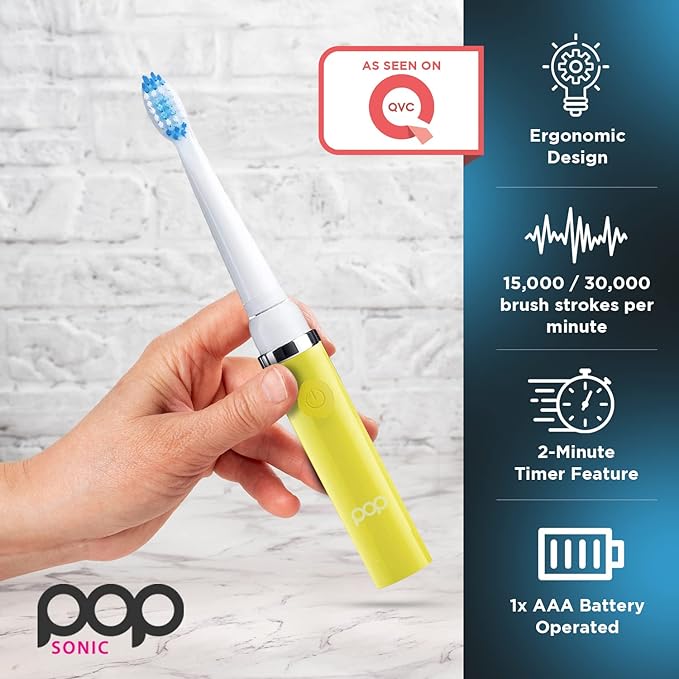 Pop Sonic Electric Toothbrush (Yellow) - Travel Toothbrushes w/AAA Battery | Kids Electric Toothbrushes with 2 Speed & 15,000-30,000 Strokes/Minute, Dupont Nylon Bristles