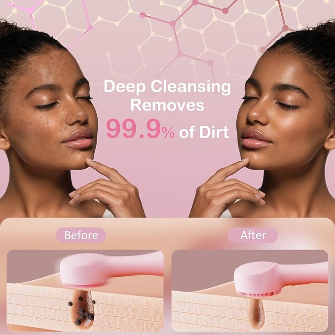 Facial Cleansing Brush Silicone Face Scrubber Waterproof Rechargeable Exfoliator Massage Device for Men & Women, Deep Pore Cleansing, Exfoliating, Removing Blackhead Electric Face Scrub Brush (Pink)